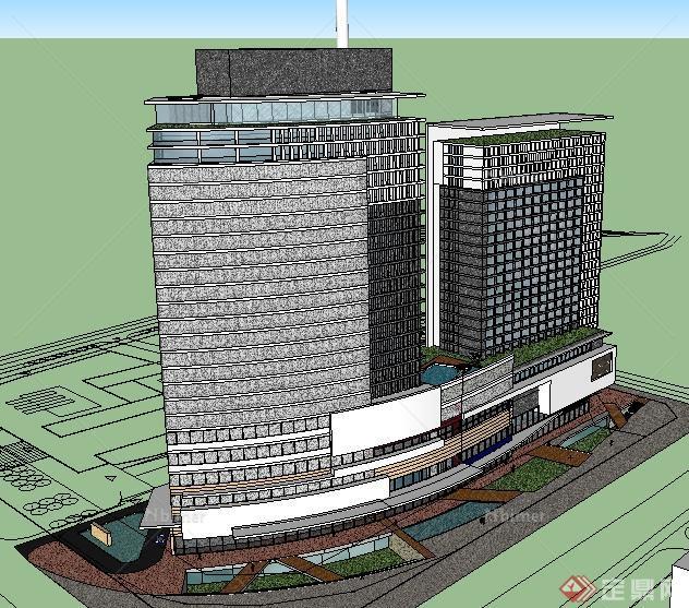 某现代高层酒店、办公以及商业建筑设计SU模型
