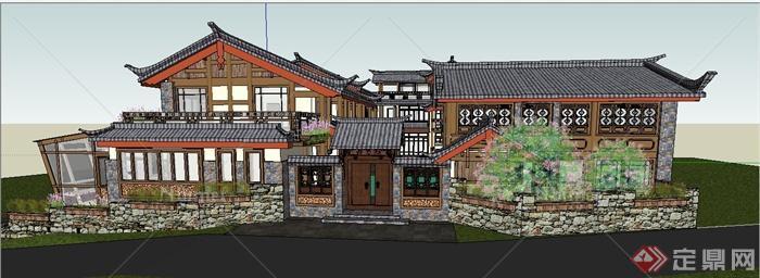 古典中式驿站旅馆建筑设计su模型[原创]