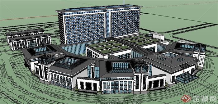 新中式风格医院整体建筑规划设计su模型[原创]