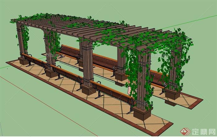 园林景观现代木制花架设计su模型