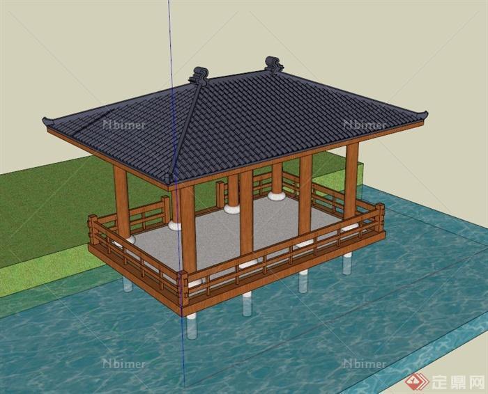 中式水上方亭设计SU模型