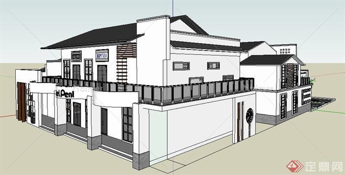 现代中式风格商铺餐馆建筑设计su模型