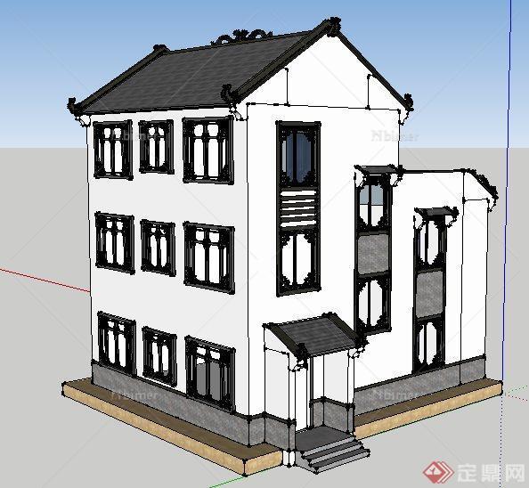 一栋中式风格三层住宅建筑设计su模型