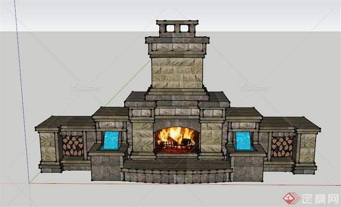 某大型带水景的双层壁炉设计SU模型