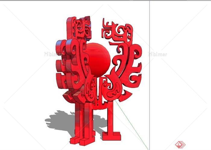 某现代中式红色三鼎雕塑SU模型