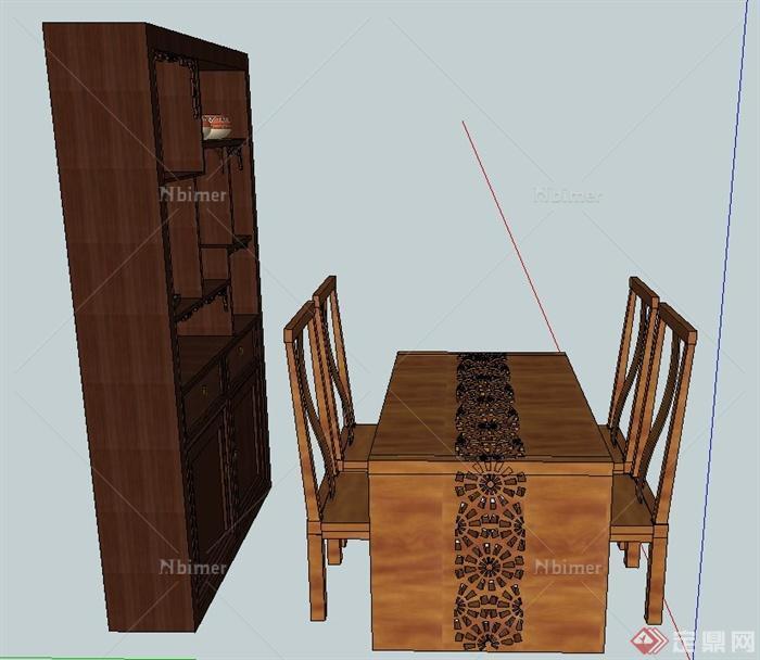某室内木质桌椅与置物柜设计SU模型