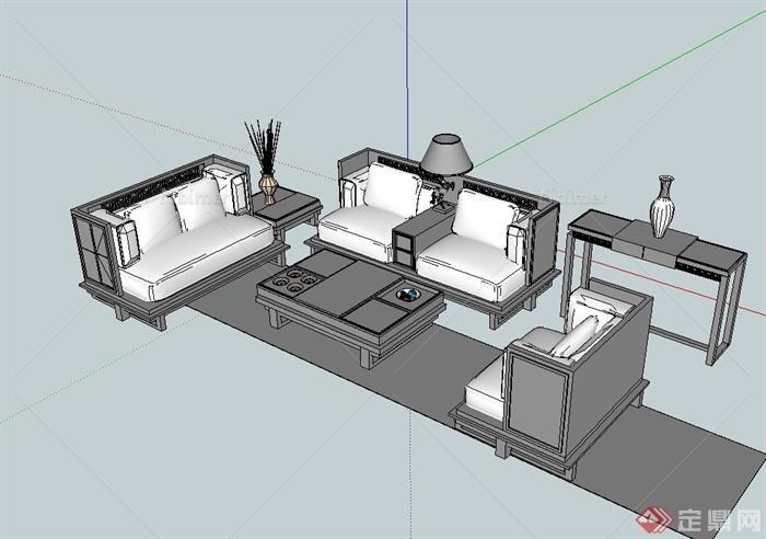 现代中式风格客厅沙发茶几设计su模型[原创]