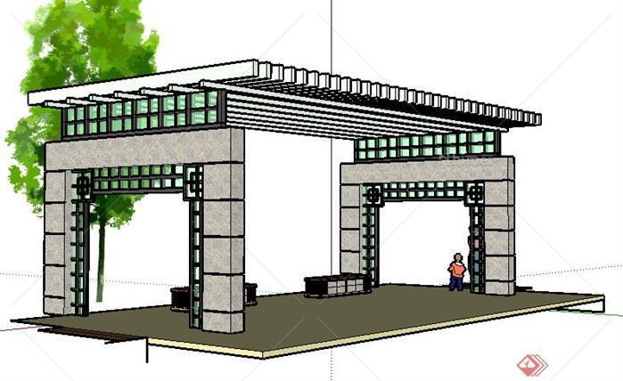 某公园现代中式景观廊架SketchUp(SU)3D模型