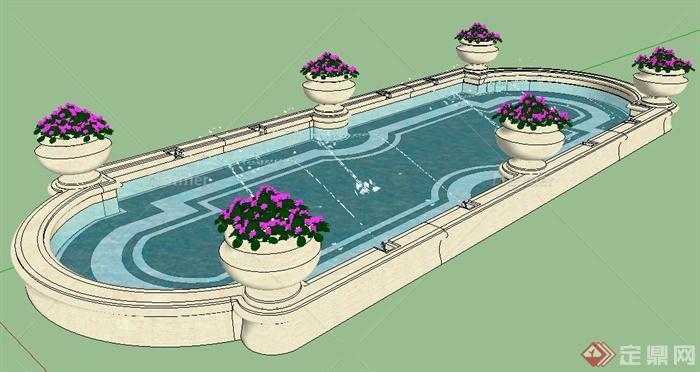 现代风格喷泉水池设计su模型