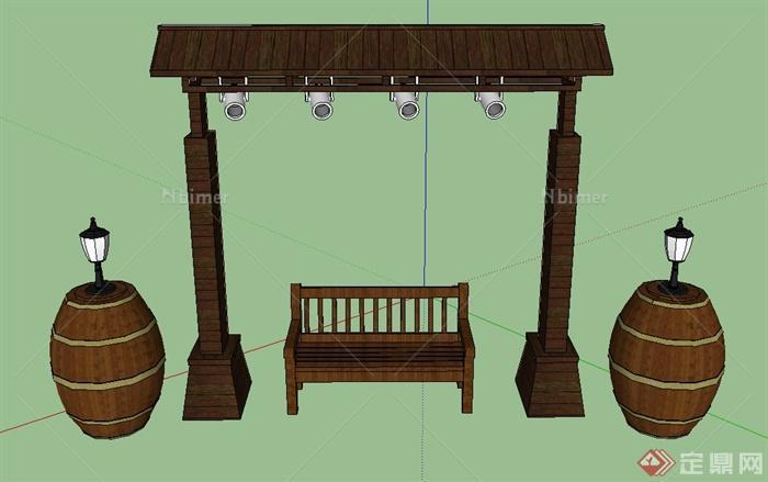 园林景观节点木质门廊、坐凳等设计SU模型