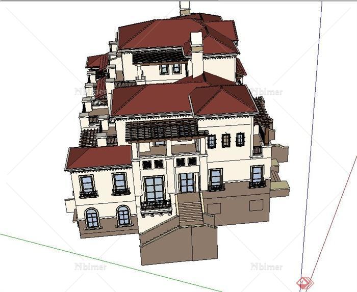 某欧式两栋连排三层别墅建筑设计SU模型