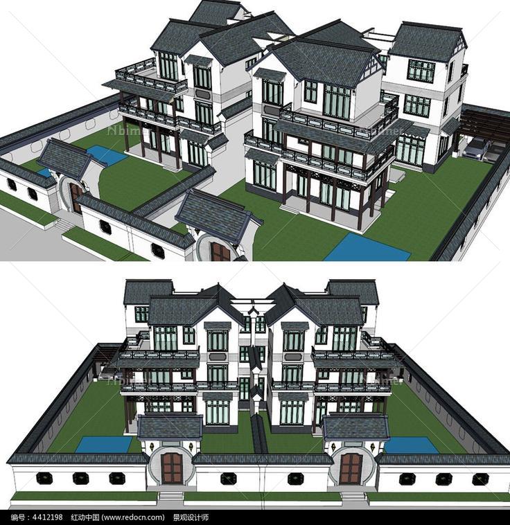 中式建筑大双拼住宅SketchUp模型