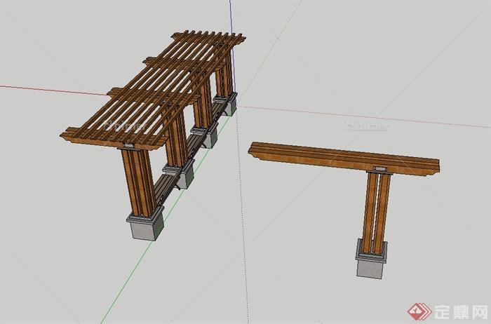 某现代风格木质廊架及廊架坐凳设计su模型[原创]