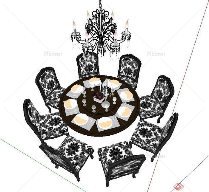 现代某黑色系欧式八人餐桌椅设计SU模型