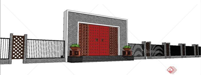 中式风格围墙及大门组合su模型