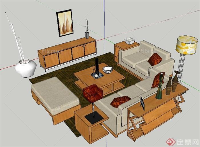 现代中式风格客厅家具组合su模型