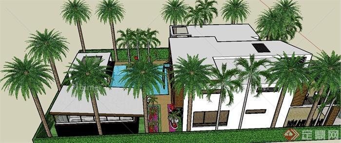 现代风格别墅建筑及庭院景观设计su模型