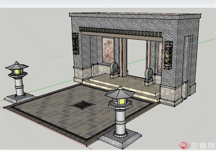 古典中式石砌门廊设计SU模型