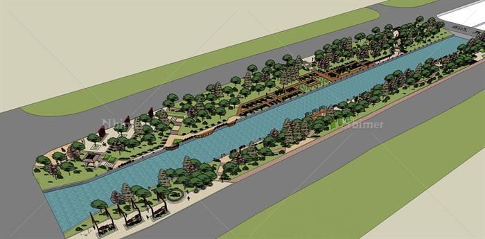 某精致现代中式风格滨河景观规划设计SU模型[原创