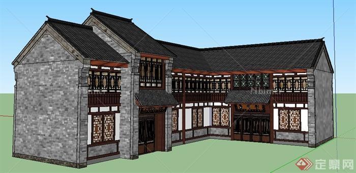 现代中式风格客栈建筑设计su模型