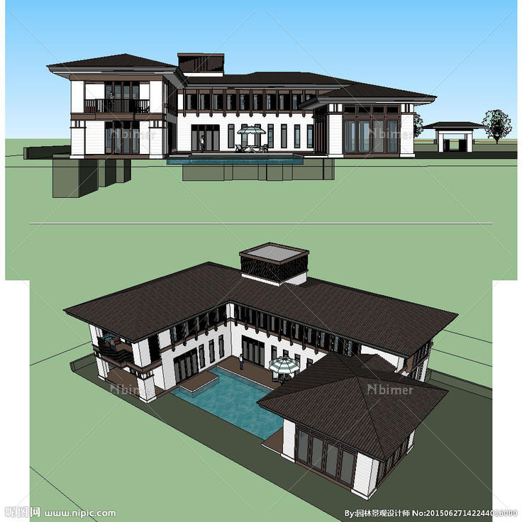 中式唐郡风格别墅建筑草图模型图片