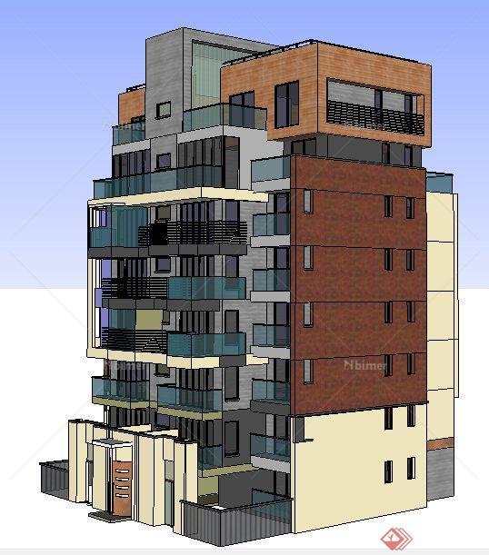 现代双拼多层住宅楼建筑设计su模型