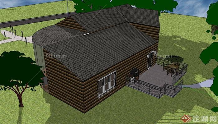 某私人住宅建筑设计SU模型（带室内和庭院）