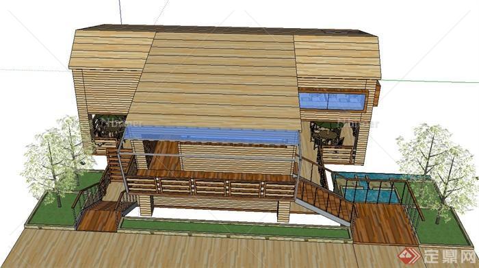 两层木质茶室建筑设计SU模型