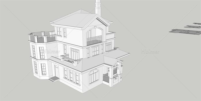 某乡村别墅建筑设计方案SU模型（附效果图 单体白