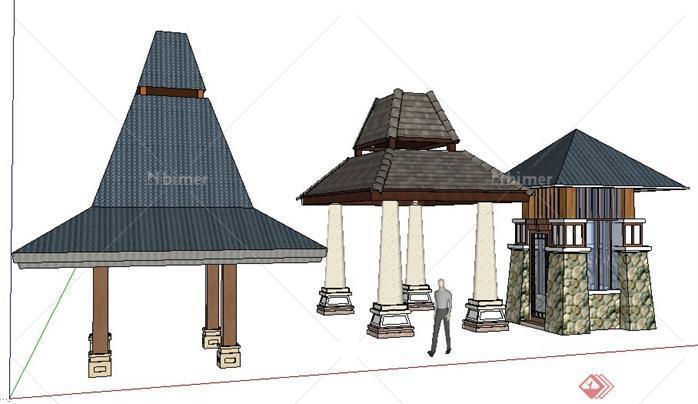 3个泰式风格小区景观亭设计SketchUp(SU)3D模型