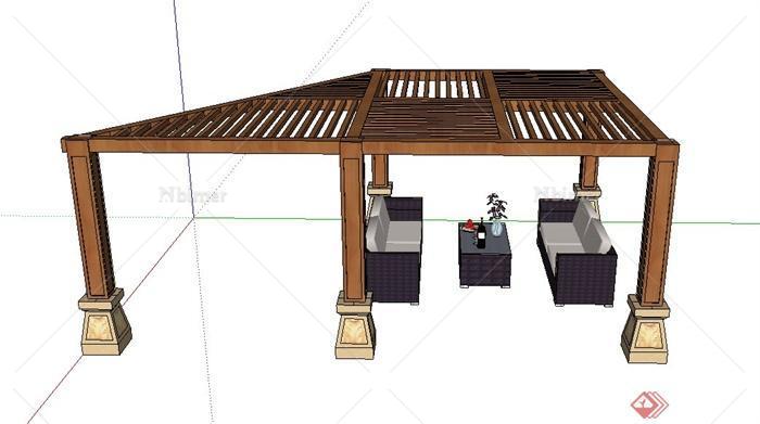 梯形木廊架与沙发茶几组合设计SU模型