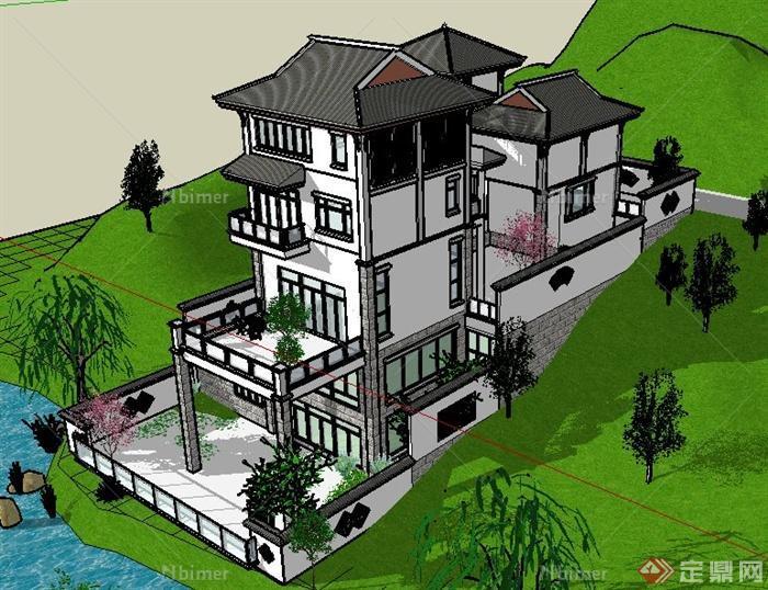 现代中式山地住宅别墅建筑设计su模型[原创]