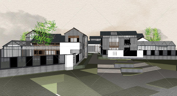新中式古典风格合院方案sketchup模型