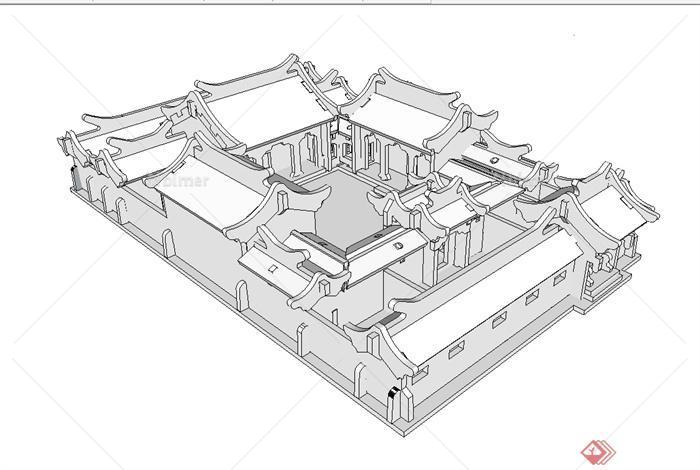 中国古典中式无材质贴图四合院建筑su模型[原创]