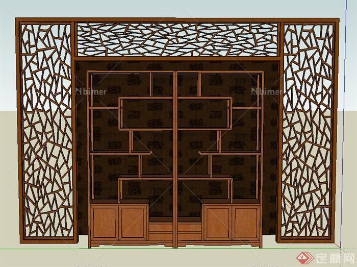 室内装饰木质置物架与镂空隔断墙设计SU模型