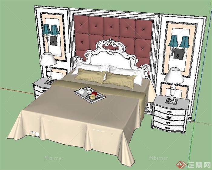 欧式风格床与床头背景墙su模型