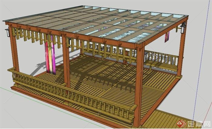 新中式玻璃木制凉亭su模型
