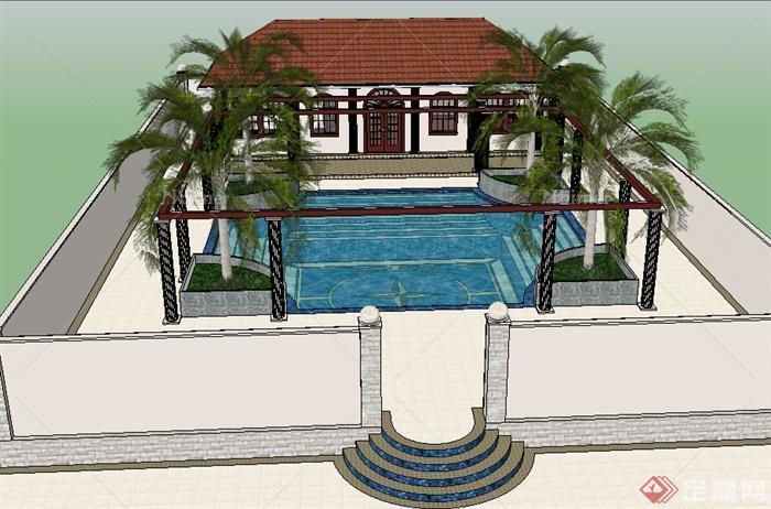 某现代风格住宅建筑设计以及庭院泳池景观SU模型