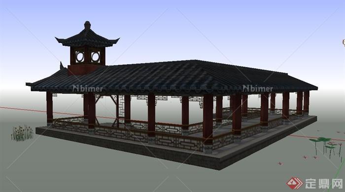 古典中式观水长廊亭设计SU模型