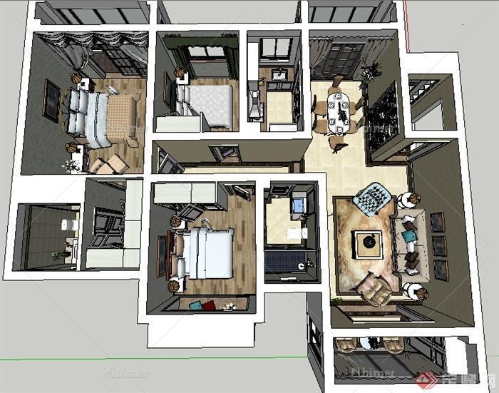 某三室两厅美式公寓室内设计SU模型