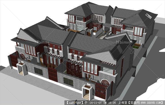 新中式联排四合院别墅精细SU设计模型