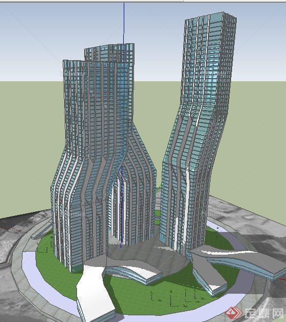 现代风格三栋商务大楼建筑设计su模型