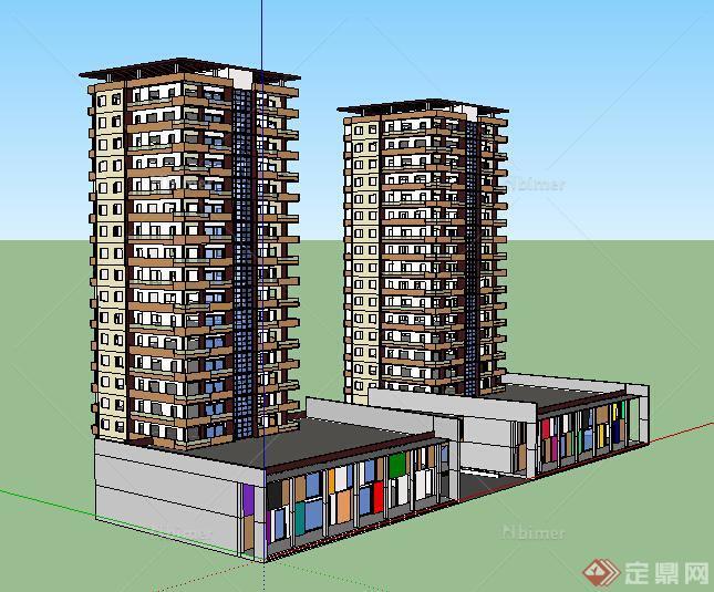 现代风格小高层住宅建筑带两层商业裙楼建筑设计