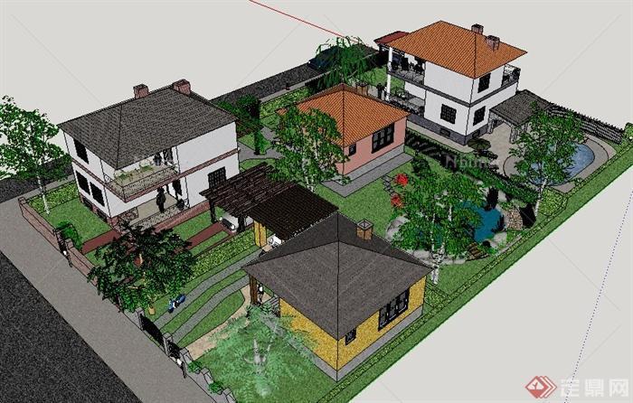 美式庭院别墅住宅建筑及庭院su模型[原创]