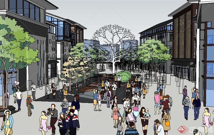 一个新中式商业步行街区建筑方案SU精致设计模型