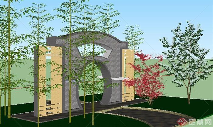 园林景观之现代中式景墙设计su模型9