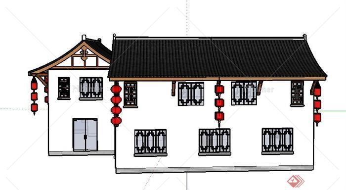 古典中式两层庭院住宅建筑设计SU模型