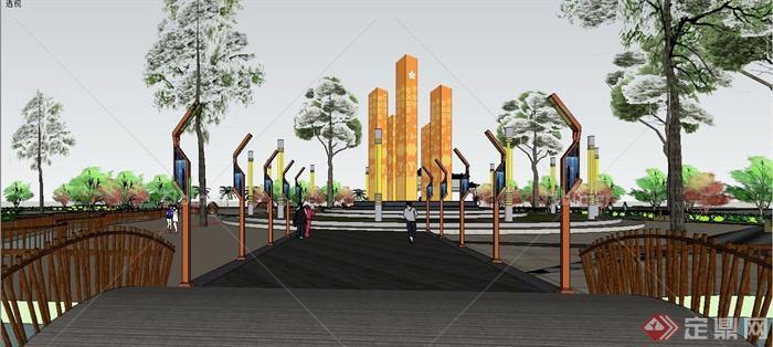 某现代中式风格公园入口广场景观规划设计SU模型