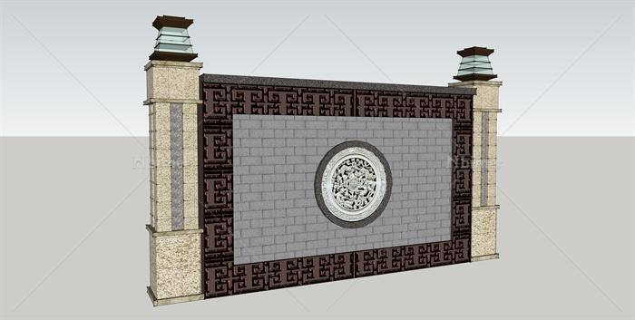 现代中式景墙柱子设计SU模型