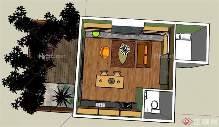 某现代一室一厅一卫一阳台住宅室内设计SU模型